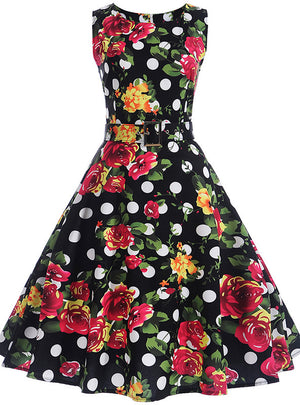Print Sleeveless Vintage Dress With Belt