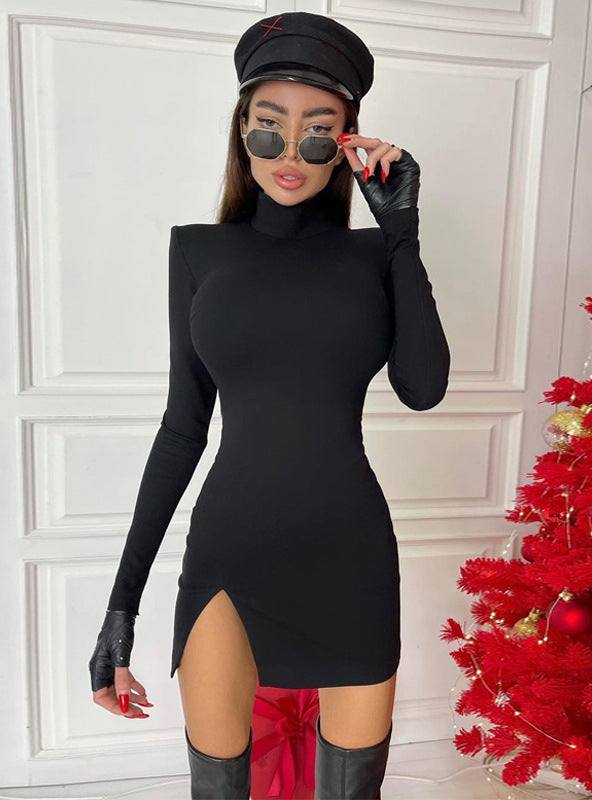 Long Sleeve Bodycon Black Slim Package Hip Mini Dress