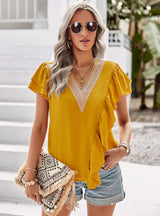 V-neck Ruffled Top Short Sleeve Shirt