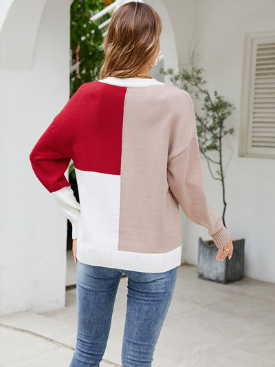 Crew Neck Stitching Contrast Sweater