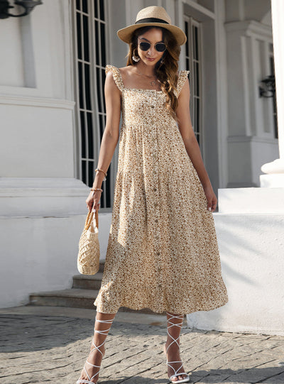 Women Straps Button-up Print Dress