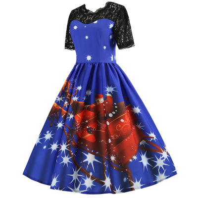 Christmas Short-sleeved Printed Slim Dress
