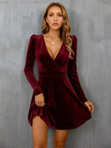 V-neck Long Sleeve Velvet Dress