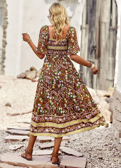 Beach Square Neck Bohemian Print Dress