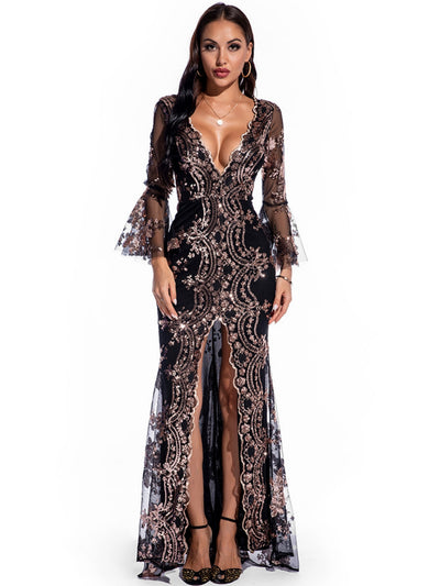 Sexy Long-sleeved Sequined Split Dress