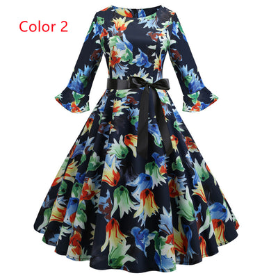 Retro Mid-sleeve Round Neck Print Dress