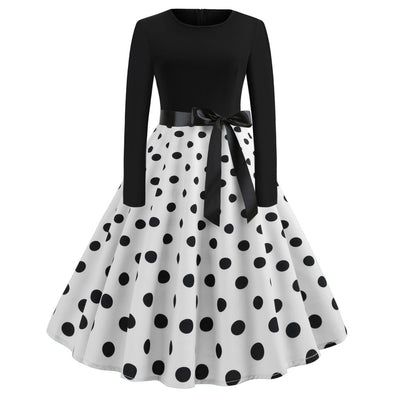 Retro Long Sleeve Polka Dot Print Dress