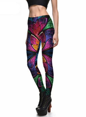 Colorful Metal Leaves Leggings Digital Printing Slim Pants 