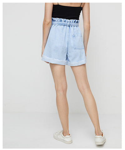 Elastic Waist Hem Wide Leg Denim Shorts