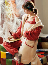 Three-piece Suit Long Robe Warm Coral Velvet Suspender Trousers