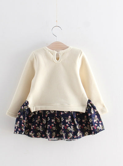 Cute Rabbit and Flowers Printed Girls Long Sleeve Dress 