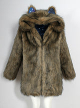 Animal Ear Cap Faux Fur Coat Women's Long Coat