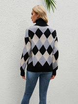 Collar Plaid Color Matching Knitted Loose Sweater