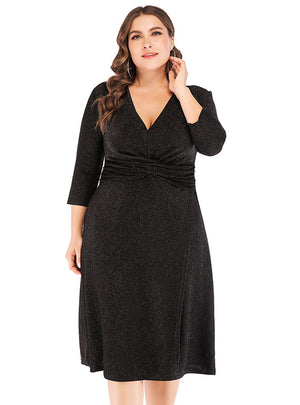 Spring V-neck Cropped Sleeve High Waist Silk Party Dress