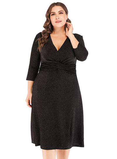 Spring V-neck Cropped Sleeve High Waist Silk Party Dress