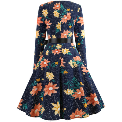 Printed Long Sleeve Retro Big Swing Dress
