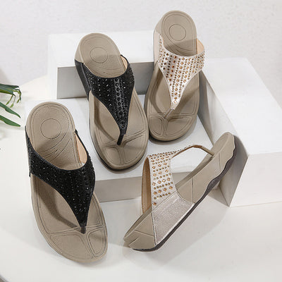 Beach Rhinestone Thick Heel Flip-flops