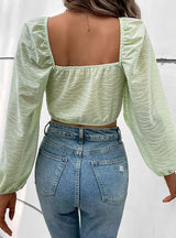 Solid Color Square Collar Bubble Sleeve Shirt