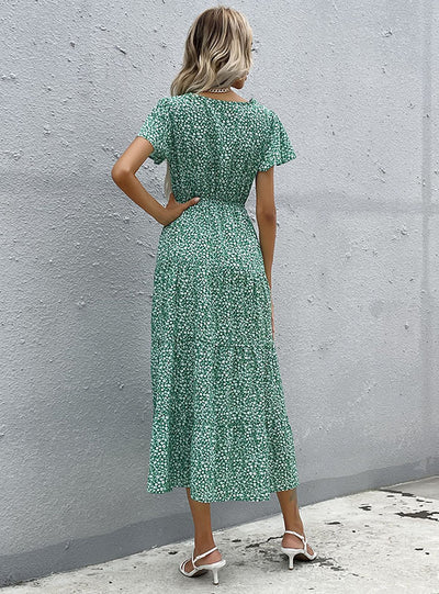 Lotus Leaf Bow V-neck Floral Dress