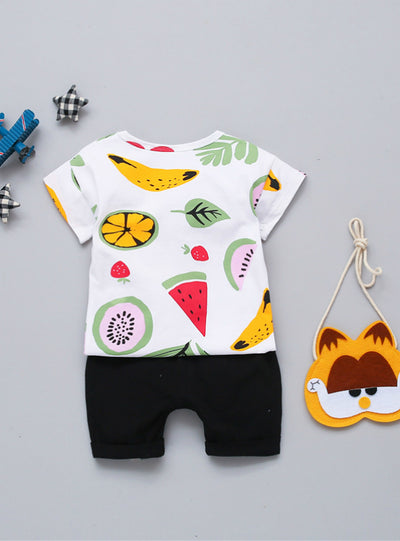 Cartoon Printed Fruit Short Sleeve T shirt+Pants Boy Suit