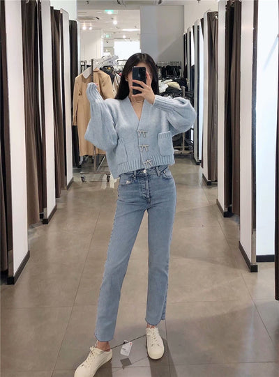 Women Fashion Rhinestone Buttons Loose Knitted Cardigan