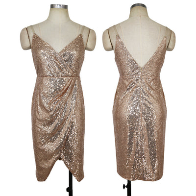 Deep V-neck Sling Pleated Sequined Dress