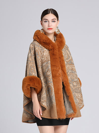 Women Collar Jacquard Hooded Shawl Cloak