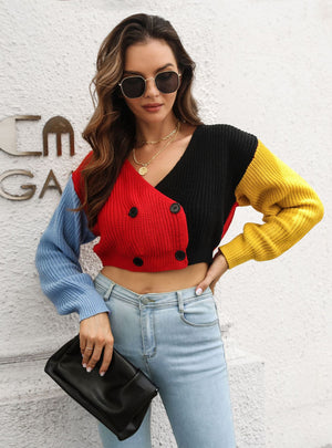 Double-breasted Stitching Contrast Knitted Sweater