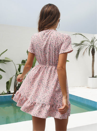 Floral Flounces Deep V-neck Short Sleeves Chiffon