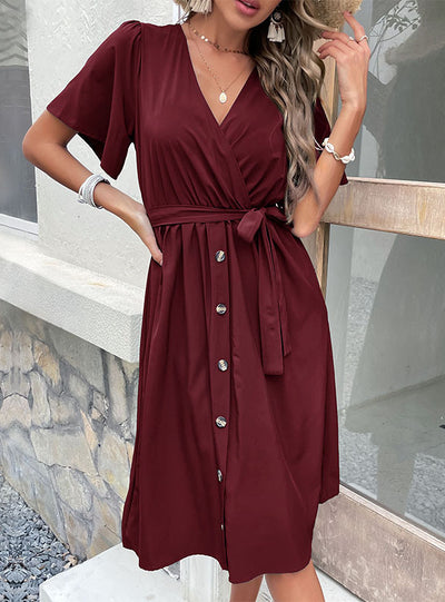 V-neck Lace-up Short Sleeves Dress