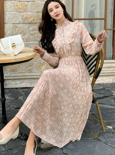 Female Long Sleeve Printed Casual Pleated Dresses