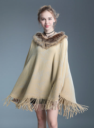 Wool Collar Tassel Bat Sleeve Shawl Cape
