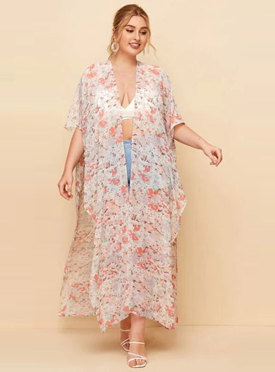 Flower Short Sleeve Chiffon Loose Long Split Coat