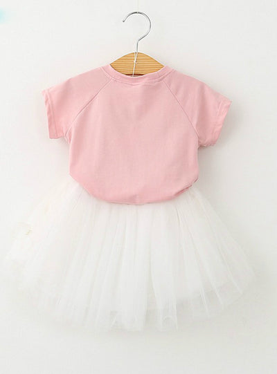 Cartoon Kitten Printed T-Shirts+Net Veil Dress