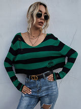 V-neck Loose Short Ripped Sweater