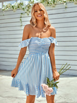 Casual Off-the-shoulder Flounce Striped Dress