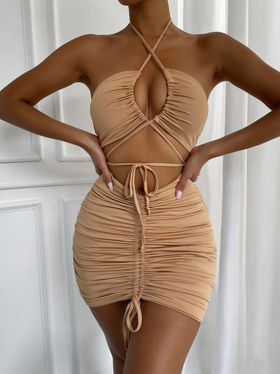 Hollow Strap Pleated Hip-wrapped Dress