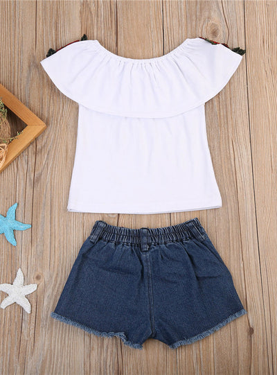 3D Flower Print T-Shirts Denim Hole Pants 2pcs