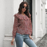 Lotus Leaf Floral V-neck Long-sleeved Chiffon Shirt