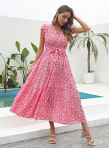 Floral V-neck Short Sleeve Printed Chiffon Dress