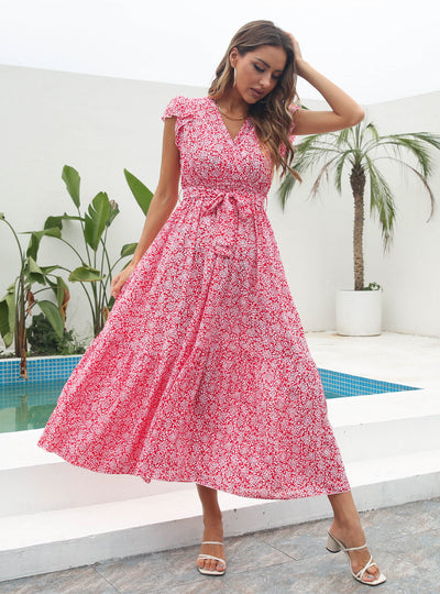 Floral V-neck Short Sleeve Printed Chiffon Dress