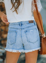 Buttoned Raw Edges and Holes Denim Shorts