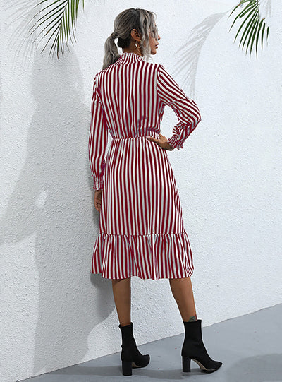 Striped Long Sleeve Red Turtleneck Dress