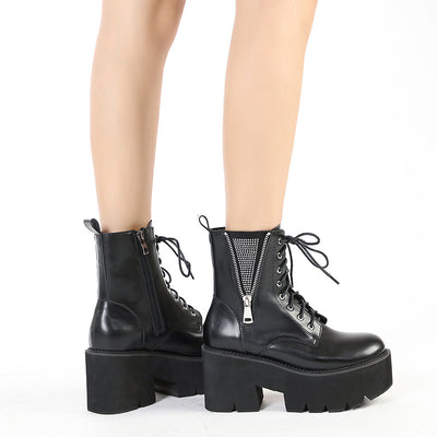 Thick Heel Zipper Rhinestone Martin Boots