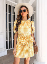 Plaid Knotted Lantern Sleeve Dress