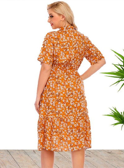 Large Size Short Sleeve Shirt Collar Printed Dress