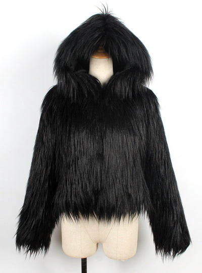 Women Winter Fur Like Hat Throwing Coat 