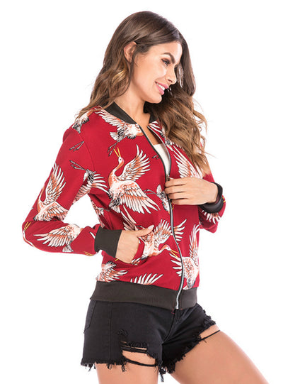 Leisure Flying Crane Printed Baseball Winter Zipper Coat