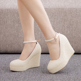 11cm Round Toe Wedge Pearl Wedding Shoes