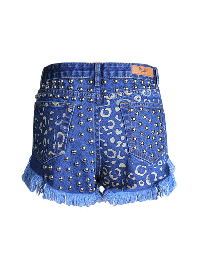 Punched High Waist Rivet Denim Shorts